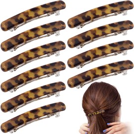 STSTR 10PCS French Barrette Hair Clips for Women, 2.48 Inch Small Tortoise Shell Hair Clip, Curved Glossy Thin Hair Flat Hair Accessories for Women - Leopard Color, Oval Style