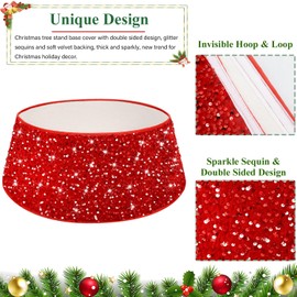 FUHSY Red Christmas Tree Collar Glitter Large Xmas Tree Skirt 28.8 Inch Shimmer Sequin Velvet Tree Ring Embroidery Tree Collars Christmas Tree Skirts Xmas Tree Stand Cover for Holiday Feast Decor