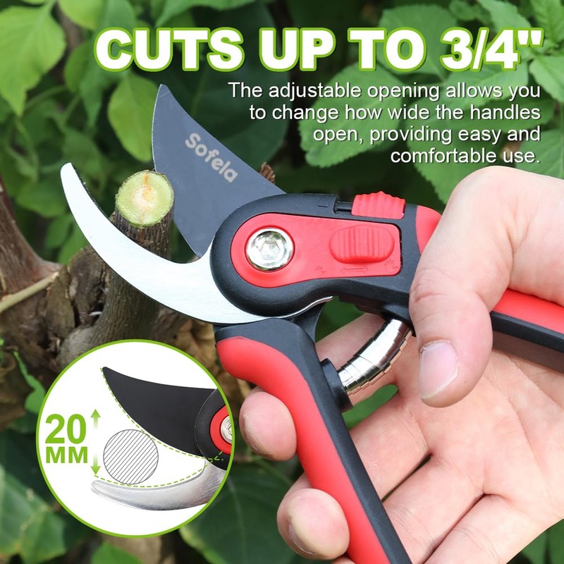 Sofela 8” Secateurs Pruning Scissors, Dual Adjustable Handle Opening Pruning