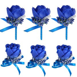 Febou Wrist Corsage Boutonniere Set 6 PCS, Artificial Rose Bridesmaid Bride Corsage and Groom Men Boutonniere for Wedding Party Prom (Boutonniere Corsage- Royal Blue, 6 PCS)