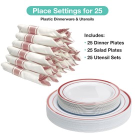 EXCELLO GLOBAL PRODUCTS Pre Wrapped Cutlery Set- 25 sets of Fork, Knife, Spoon wrapped in a napkin - 25 Small Plates- 25 Big Plates (Rose Gold)