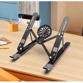 Adjustable Laptop Stand with Detachable Cooling Fan – Portable Foldable Notebook Riser with Heat Sink, USB Powered, Ergonomic & Anti-Slip Design for 10"–17" Laptops (Black)