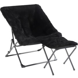 OAKHAM Comfy Saucer Chair for Adults, Soft Faux Fur Folding Lounge Chair for Bedroom Living Room Dorm Rooms Flexible Reading Chair for Teens Kids, X-Large Foldable Chair (Ottoman-Black)