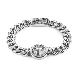 HZMAN 8.5Inch Cuban Chain Bracelet Classic Heavy Stainless Steel Bracelet for Men Biker St Benedict Cross Medal Link Bracelet Jewelry Gift