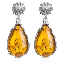 Amber Sterling Silver Oval-shape Drop Earrings