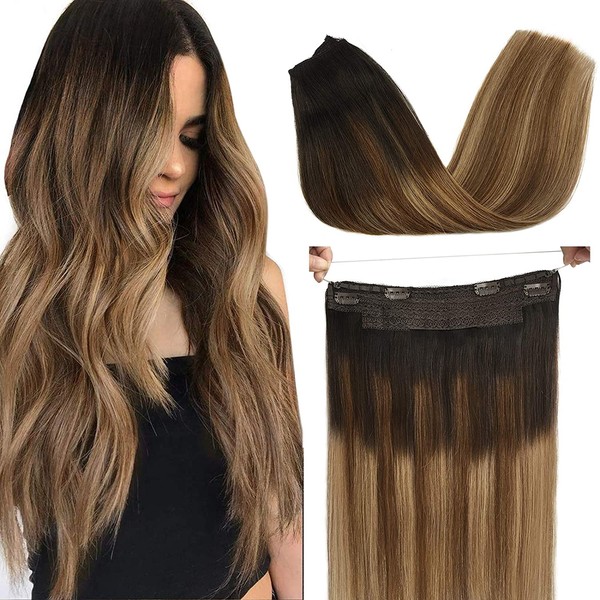GOO GOO Halo Hair Extensions 100g Ombre Brown to Dirty Blonde 20 Inch Real Human Hair Extensions with Invisible Fish Line Layered Secrect Halo Extensions Straight Hairpiece for Women