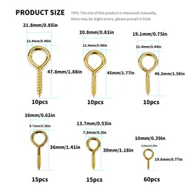 120 Pcs Eye Hooks, Metal Ceiling Hooks Screw-in Eye Hooks, Heavy Duty Nickel Plated Self Tapping Cup Hook Eyelet Bolts for Indoor Outdoor, Wood, Securing Cables Wires, 6 Size (Gold)