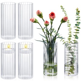Ninehaoou 6 Pcs 8 Inch Tall Glass Ribbed Cylinder Vases Clear Floating Candle Flower Vase in Bulk, Hurricane Candle Holder for Wedding Housewarming Gift Table Centerpieces