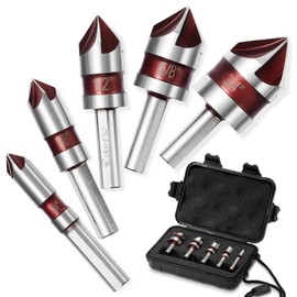 ColumPRO 5PCS Cobalt 5-Flute Countersink Drill Bit Set-M35 82-Degree Countersink Chamfer Tool Set for Metal,Stainless Steel,Copper,Wood,Fiberboard,SAE 3/4”,5/8”,1/2”, 3/8”,1/4”,with Tri-Flats Shank