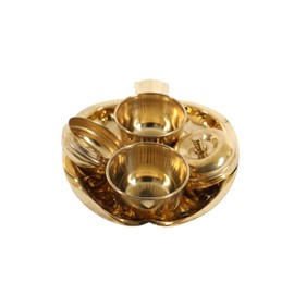 Ethereal Craft Two Kumkum Set | Brass, Yellowish Gold Finish, 13 cm, Ideal for Religious Rituals, Puja Plate Holder with Haldi Kumkum Containers (Pack of 2)