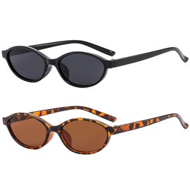 2 Stück Retro Oval Sonnenbrille, Ovale Kleine Katzenaugen Sonnenbrille 90er Vintage Trendy Skinny Sonnenbrillen Modische Schmale für Damen und Herren Reisen Geschenke（Leopardenmuster + Schwarz）