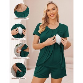 Ekouaer Women's Maternity Nursing Pajamas Set Breastfeeding Sleepwear Double Layer Short Sleeve Top & Shorts Nursing Pjs Green L