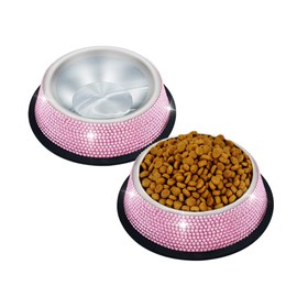 Triumilynn Dog Bowls Stainless Steel Cat Bowls Pink, Bling Rhinestones Food Water Dishes for Small Pets Cats Dogs with Non-Slip Rubber Base -2 Pack