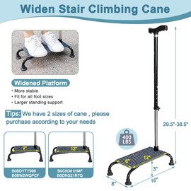 NEAUDE Stair Climbing Assist Cane for Seniors, Stair Lifts Walker Elderly, Mobile Half Step Aid Stair Helper, Adjustable 4 Prong Standing Quad Cane Large Base, Portable Walking Stick for Stability