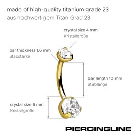 PIERCINGLINE Titanium Belly Button Piercing with Internal Thread, Two Crystals, Banana Bell, Choice of Colours, Titanium