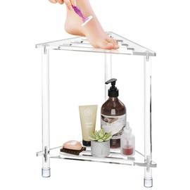 FEXIA Shower Foot Rest for Shaving Legs, 14in Waterproof Corner Shower Stool with Storage Shelf, Acrylic Heavy Duty Shower Stool for Inside Shower