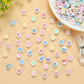 100Pcs 10MM Polymer Clay Beads, Star Moon Flower Heart Clay Bead Charms for Bracelets Making, Jewelry Making, Necklace and Earring with Elastic String (Moon)