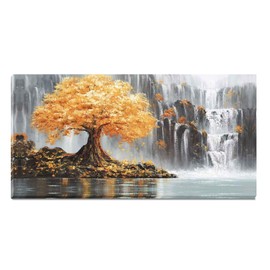 Tree Wall Art for Bedroom, Waterfall Canvas Wall Decor for Living Room, Black and Gold Picture Print, Size 40x20 Inches