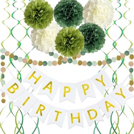 Sage Green Birthday Party Decorations, Happy Birthday Banner with Pom Poms Paper Circle Garland Swirl Streamers for Women Party Supplies