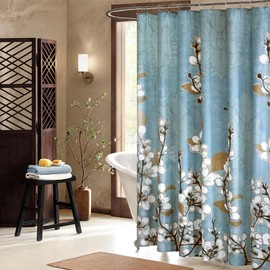 DS BATH Hanakotoba Blue Shower Curtain,Flower Polyester Fabric Shower Curtain,Plants Shower Curtains for Bathroom,Floral Bathroom Curtains,Print Waterproof Shower Curtain,72" W x 72" H