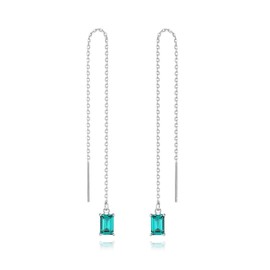Bellitia Jewelry Simulated Green Emerald Drop Threader Earrings Sterling Silver Cable Chain Tassel, White Rhoium Plating, Women Dangle Earring Emerald Cut Long Chain