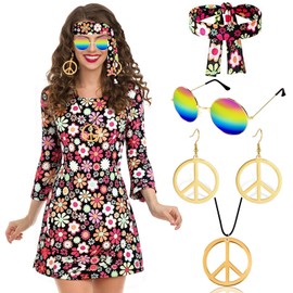 Disfraz Hippie de Los Años 60 y 70, 6 Piezas Conjunto de Hippie para Mujer, Traje Discoteca, con Diadema, Collar, Aretes y Gafas de Sol, Disfraz para Halloween