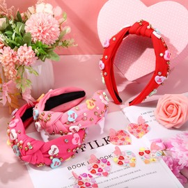 Thiccywoov 9 Pcs Bulk Valentines Day Headband and Earrings for Women with 3pcs Valentines Headband 6pcs Heart Earrings Wide Top Knot Headband for Valentine Party Dating Galentine's Day Party