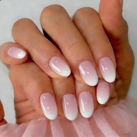SXVME Uñas postizas Ombre cortas, 32 piezas, 16 tamaños, degradado blanco y rosa, uñas postizas ovaladas, reutilizables con pegamento, uñas francesas 