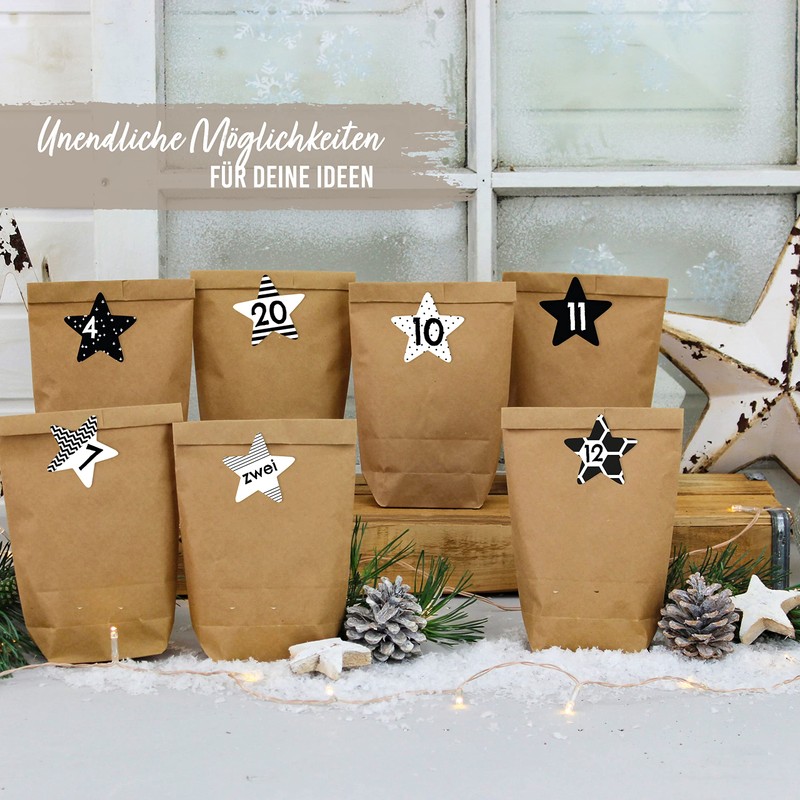 Papierdrachen 24 Advent calendar number stickers black and white stars