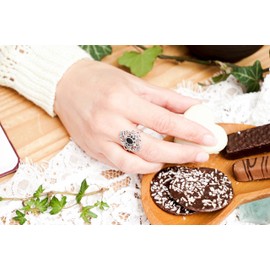 WINDALF Bohemia Luna Ring 21 mm Vintage Women's Ring with Black Crystal 925 Sterling Silver, Fabric, Black Crystal