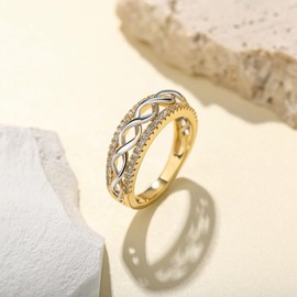 Jeulia Sterling Silver Two Tone Twist Band Rings Round Cut Anniversary Rings for Women for Her Girls with Jewellery Box (Silver and Yellow Gold, 58 (18.5)), Sterling Silver