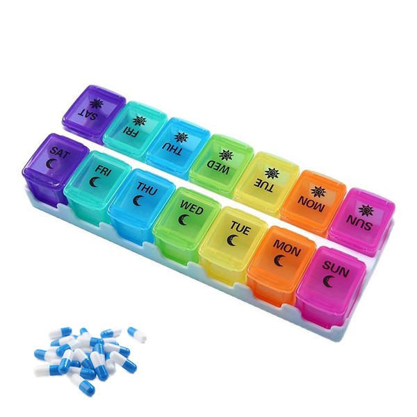 Weekly Pill Organizer 14 Compartments, Am Pm Pill Box 7
