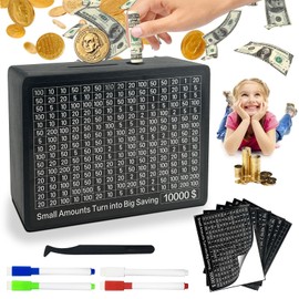 Lukinuo Cash Saver Box Wooden Money Saving Box Black One Piece Cash Vault with 10000 5000 3000 2000 1000 500 Money Saving Target Wooden Cash Vault with Counter Reusable Money Box for Boys Girls Adult