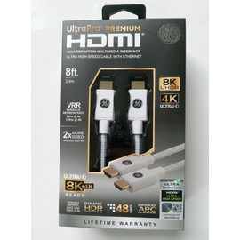GE White Ultrapro Premium HDMI. 8 Ft. VRR. 8K. 4K. Ultra High Speed.