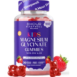 Kids Magnesium Glycinate Gummies – 1 Month Supply | Sugar-Free, Vegan & Chewable | 470mg Magnesium for Kids, Providing 65mg to Support Calm Mind & Focus for Children Ages 3+ | Strawberry Flavour