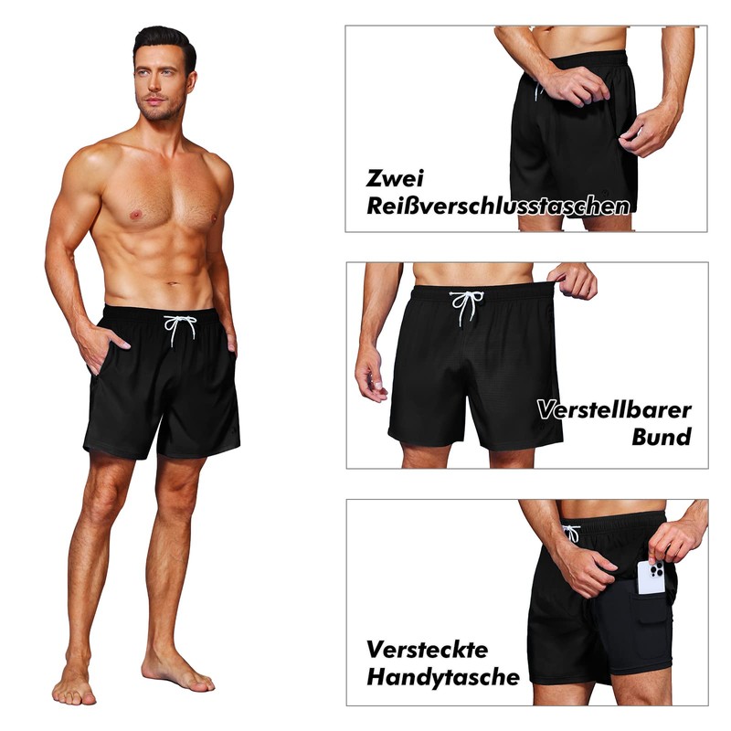 HMIYA Men's 2-in-1 Swimming Trunks, Quick-Drying Short Board Shorts with