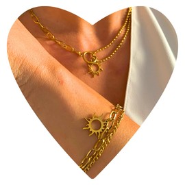 NataschaWoge® Sun Double Minimalist Jewellery Stainless Steel Gold Silver Bracelet Chain Necklace Choker Gift for Her Gold Chain, Stainless Steel, Cubic Zirconia