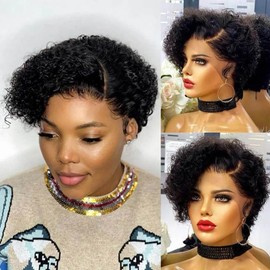 Rebecca Fashion Curly Pixie Cut Lace Front Wigs Human Hair Water Wave Short Pixie Cut Wig Side Part 13x5.5x0.5 HD Lace Pixie Cut Lace Front Wigs Human Hair Natural Color