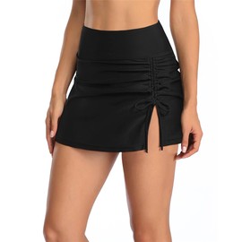 Joyhas - Falda de natación fruncida de cintura alta para mujer, con control de abdomen, parte inferior tankini, Negro1, M