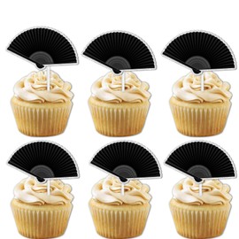 18pcs Black Glitter Folding Fan Dessert Cupcake Topper Retro Elegance Traditional Wedding Theme Decor Supplies Girls Woman Happy Birthday Party Decorations