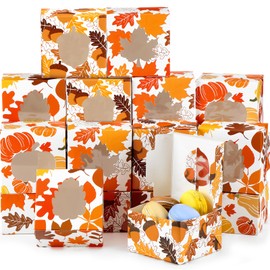 Dispowreath 24 Pcs Fall Treat Boxes with Window Yellow Maple Leaf Pumpkin Printed Candy Cookie Boxes Paper Gift Container Autumn Party Favor Boxes for Fall Thanksgiving Cookie Goodie Candy Party
