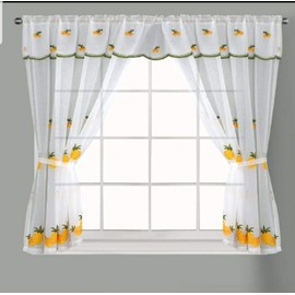 Householdfurnishing Embroidered Kitchen Window Pair Curtains Set Rod Pocket with Attached Valance & Tiebacks (Yellow White, W 48 x L 42 Inch)
