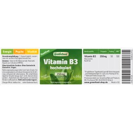 Greenfood - Vitamin B3 - Flushfree - 250 mg - High Dose - 120 Vegan Capsules - Can Help Reduce Fatigue - No Artificial Additives and No Genetic Engineering