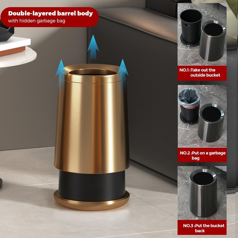 LEASYLIFE 10L/2.6 Gallon Rose Gold Stainless Steel Trash Can,Brush Gold