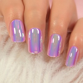 Chameleon Pink Purple Press on Nails, IKISKT False Nails Medium Short Squoval Fake Nails Full Cover Salon Reusable Fingernails Tips For Women Girls Wear Nail Art, Magic Pink Color