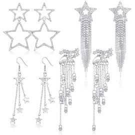 Inbagi 4 Pairs Star Dangle Earrings for Women Waterfall Beaded Tassel Drop Dangle Earrings Rhinestone Star Earrings Shiny Hollow Star Earrings Dangle Fringe Star Ear Stud