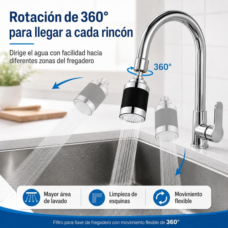 Filtro de Agua para Grifo de Cocina, 3 Modos, 360°