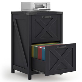 2 Drawer Small File Cabinet, Farmhouse Vertical Filing Cabinet Fits Letter and A4 Size, Under Desk Wooden File Cabinets for Home Office, Printer Stand, Black