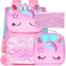 KLFVB 3PCS Girls Backpack, 15" Sequin Unicorn Bookbag with Lunch Box, Kids Preschool School bag for Elementary Students - Pink