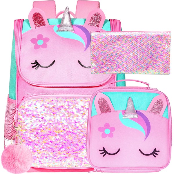 KLFVB 3PCS Girls Backpack, 15" Sequin Unicorn Bookbag with Lunch